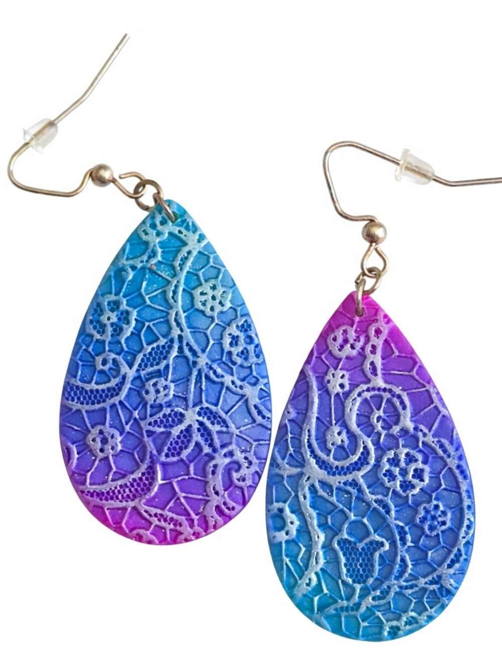 Blue Purple Ombre Teardrop Drop Earrings Lace Floral Boho Artsy Lightweight